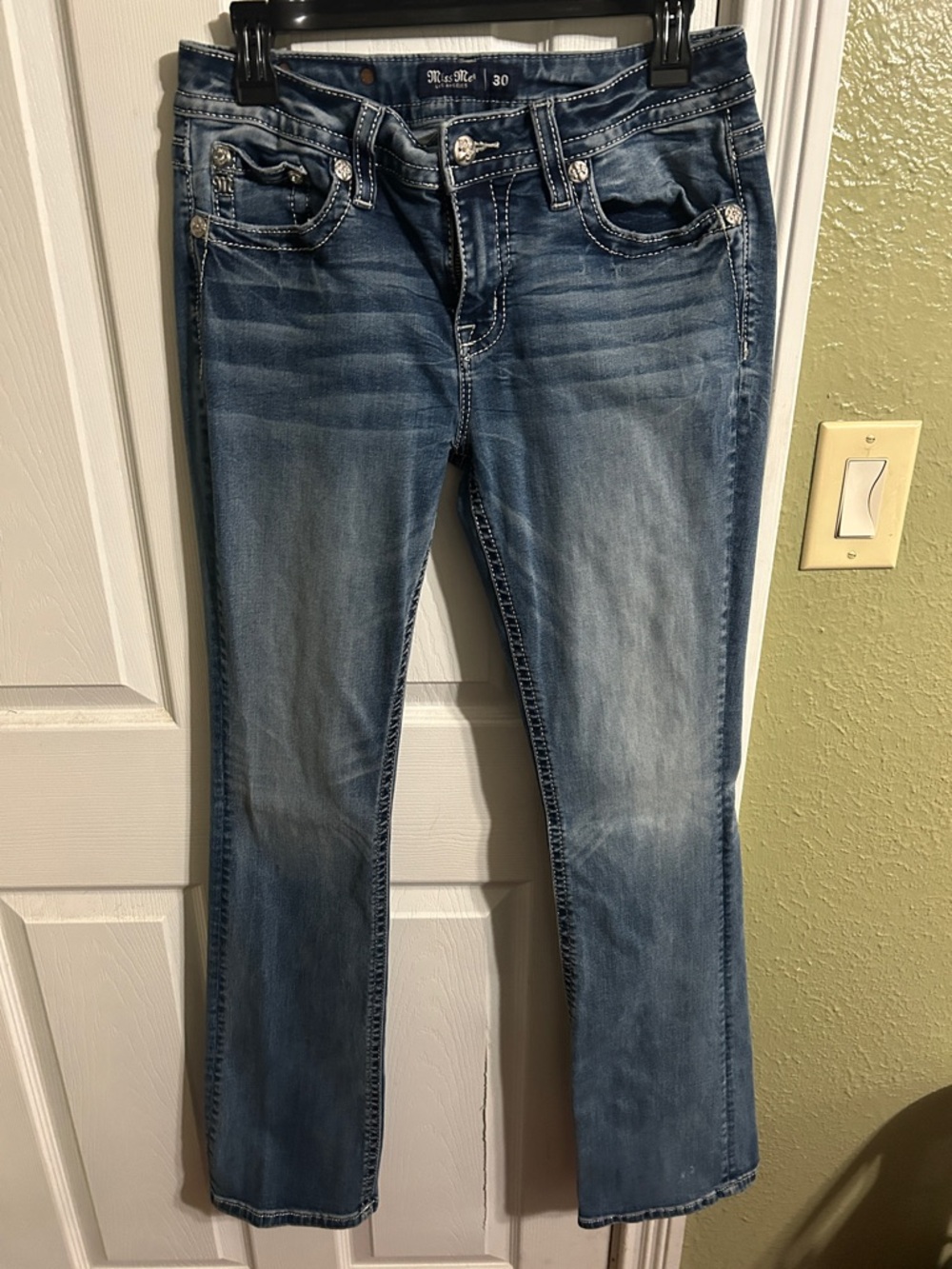 Miss Me Blue Bootcut Jeans with Whiskered Fading